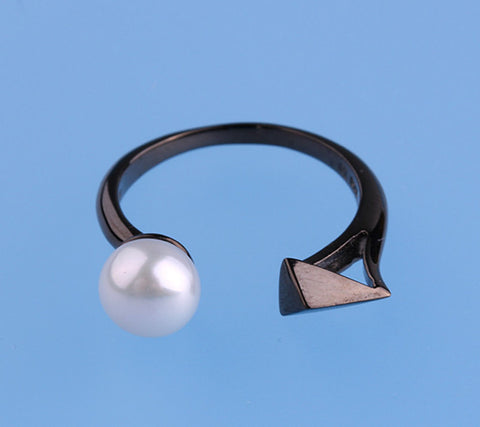 Black Plated Silver Ring with 6.5-7mm Button Shape Freshwater Pearl