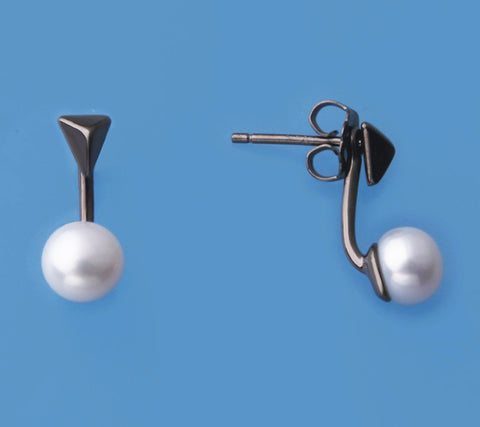 Black Plated Silver Earrings with 6-6.5mm Button Shape Freshwater Pearl