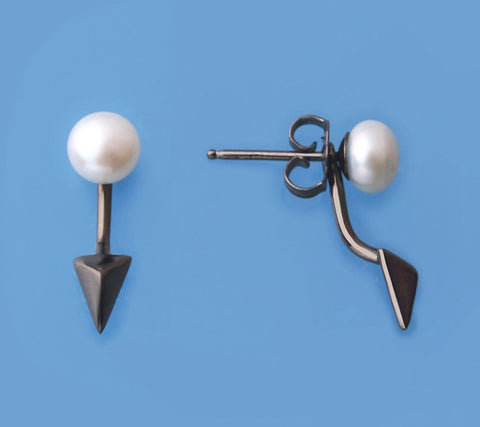 Black Plated Silver Earrings with 6-6.5mm Button Shape Freshwater Pearl