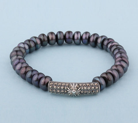 Sterling Silver Bracelet with 7.5-8mm Button Shape Freshwater Pearl and Hematite