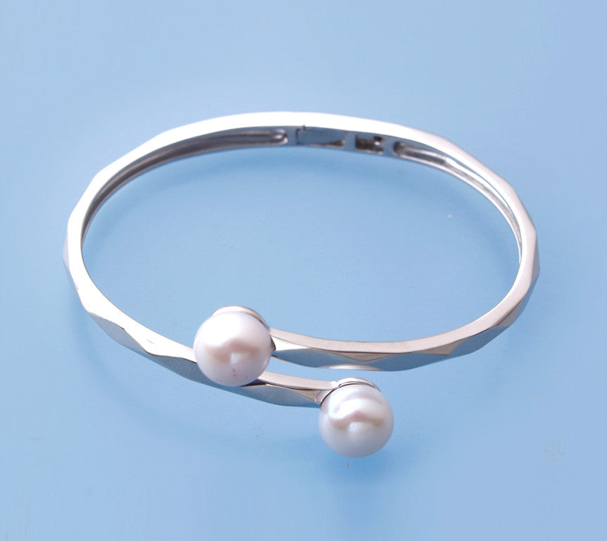 Sterling Silver Bangle with 9.5-10mm Button Shape Freshwater Pearl - Wing Wo Hing Jewelry Group - Pearl Jewelry Manufacturer
