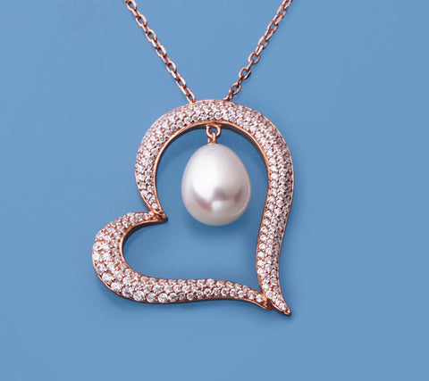 Rose Gold Plated Silver Pendant with 10-10.5mm Drop Shape Freshwater Pearl and Cubic Zirconia
