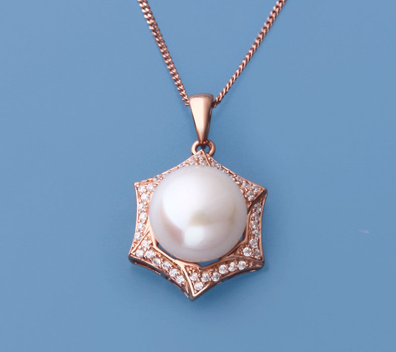 Rose Gold Plated Silver Pendant with 10.5-11mm Button Shape Freshwater Pearl and Cubic Zirconia - Wing Wo Hing Jewelry Group - Pearl Jewelry Manufacturer