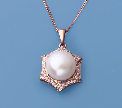 Rose Gold Plated Silver Pendant with 10.5-11mm Button Shape Freshwater Pearl and Cubic Zirconia