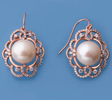 Rose Gold Plated Silver Earrings with 11.5-12mm Button Shape Freshwater Pearl and Cubic Zirconia - Wing Wo Hing Jewelry Group - Pearl Jewelry Manufacturer