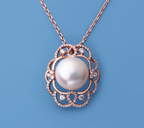 Rose Gold Plated Silver Pendant with 13.5-14mm Button Shape Freshwater Pearl and Cubic Zirconia