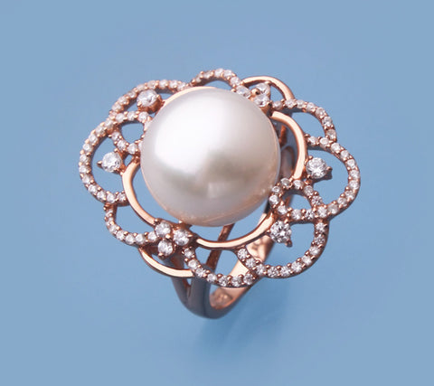 Rose Gold Plated Silver Ring with 12.5-13mm Button Shape Freshwater Pearl and Cubic Zirconia