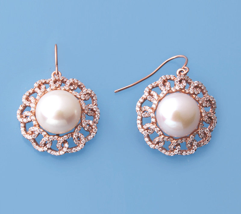 Rose Gold Plated Silver Earrings with 11.5-12mm Button Shape Freshwater Pearl and Cubic Zirconia - Wing Wo Hing Jewelry Group - Pearl Jewelry Manufacturer