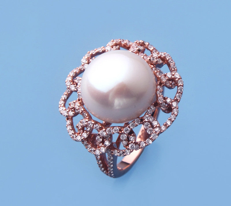 Rose Gold Plated Silver Ring with 13-13.5mm Button Shape Freshwater Pearl and Cubic Zirconia - Wing Wo Hing Jewelry Group - Pearl Jewelry Manufacturer