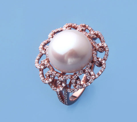 Rose Gold Plated Silver Ring with 13-13.5mm Button Shape Freshwater Pearl and Cubic Zirconia