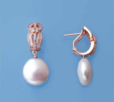Rose Gold Plated Silver Earrings with 13-14mm Coin Shape Freshwater Pearl and Cubic Zirconia