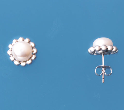 Sterling Silver Earrings with 7.5-8mm Button Shape Freshwater Pearl