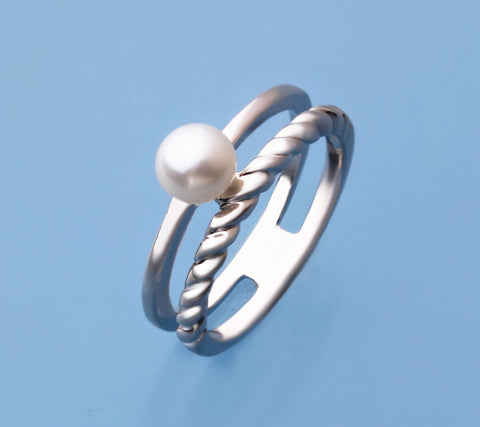 Sterling Silver Ring with 5.5-6mm Button Shape Freshwater Pearl