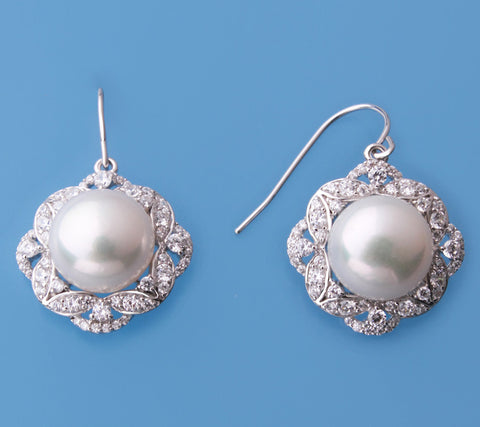 Sterling Silver Earrings with 11-11.5mm Button Shape Freshwater Pearl and Cubic Zirconia