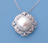 Sterling Silver Pendant with 12.5-13mm Button Shape Freshwater Pearl and Cubic Zirconia - Wing Wo Hing Jewelry Group - Pearl Jewelry Manufacturer