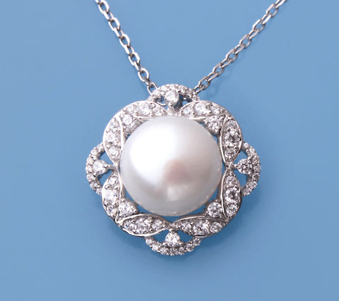 Sterling Silver Pendant with 12.5-13mm Button Shape Freshwater Pearl and Cubic Zirconia