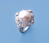 Sterling Silver Ring with 11.5-12mm Button Shape Freshwater Pearl and Cubic Zirconia - Wing Wo Hing Jewelry Group - Pearl Jewelry Manufacturer