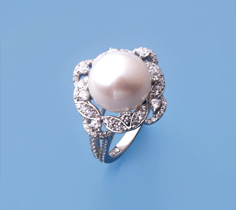 Sterling Silver Ring with 11.5-12mm Button Shape Freshwater Pearl and Cubic Zirconia