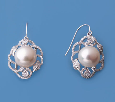 Sterling Silver Earrings with 11.5-12mm Button Shape Freshwater Pearl and Cubic Zirconia