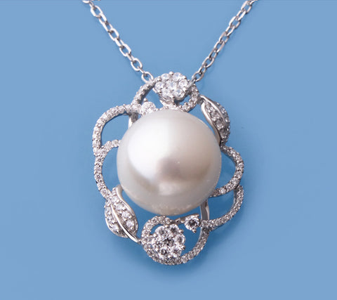 Sterling Silver Pendant with 14-14.5mm Button Shape Freshwater Pearl and Cubic Zirconia