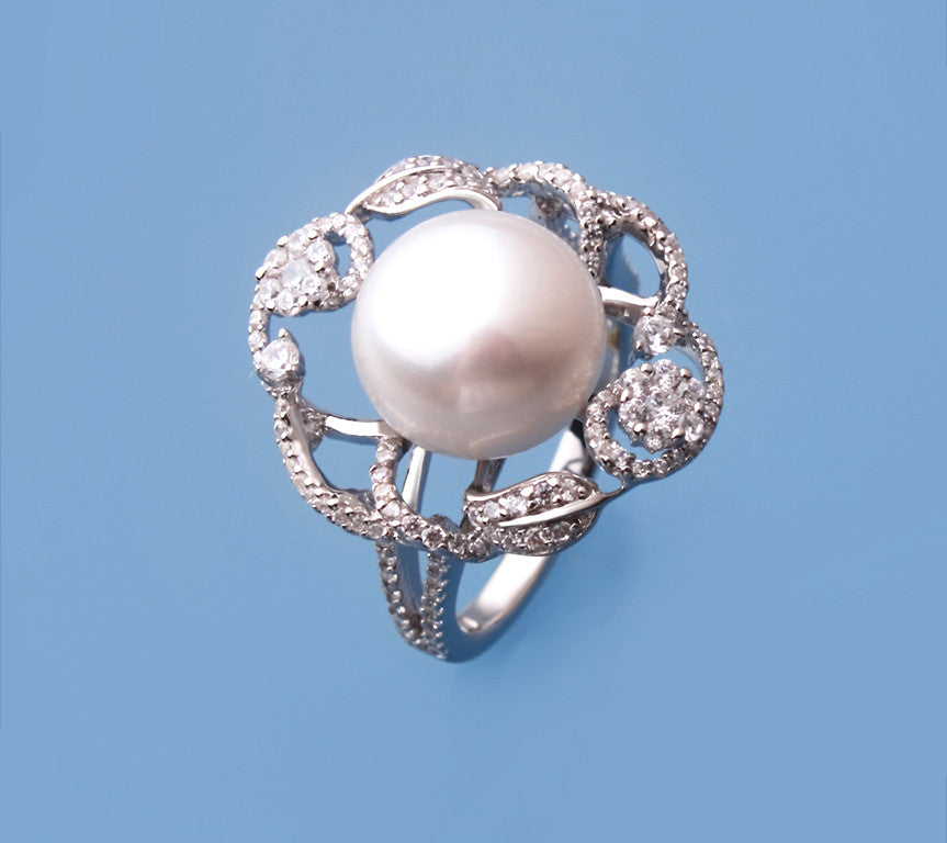 Sterling Silver Ring with 11.5-12mm Button Shape Freshwater Pearl and Cubic Zirconia - Wing Wo Hing Jewelry Group - Pearl Jewelry Manufacturer