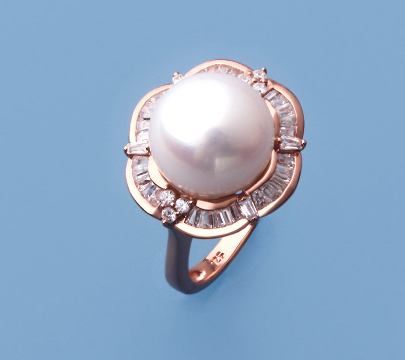 Rose Gold Plated Silver Ring with 11-11.5mm Button Shape Freshwater Pearl and Cubic Zirconia - Wing Wo Hing Jewelry Group - Pearl Jewelry Manufacturer