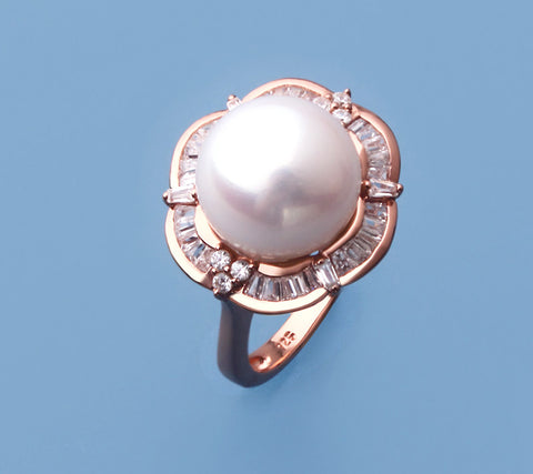 Rose Gold Plated Silver Ring with 11-11.5mm Button Shape Freshwater Pearl and Cubic Zirconia