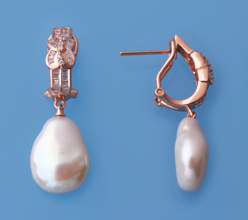 Rose Gold Plated Silver Earrings with 12-13mm Baroque Shape Freshwater Pearl and Cubic Zirconia - Wing Wo Hing Jewelry Group - Pearl Jewelry Manufacturer