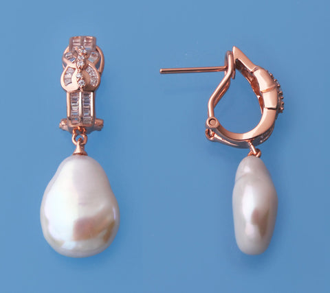 Rose Gold Plated Silver Earrings with 12-13mm Baroque Shape Freshwater Pearl and Cubic Zirconia