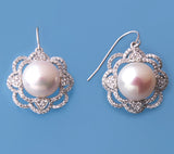 Sterling Silver Earrings with 11-11.5mm Button Shape Freshwater Pearl and Cubic Zirconia - Wing Wo Hing Jewelry Group - Pearl Jewelry Manufacturer