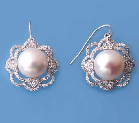 Sterling Silver Earrings with 11-11.5mm Button Shape Freshwater Pearl and Cubic Zirconia
