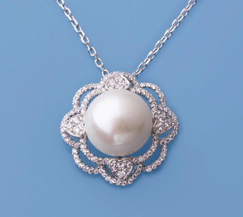 Sterling Silver Pendant with 13-13.5mm Button Shape Freshwater Pearl and Cubic Zirconia