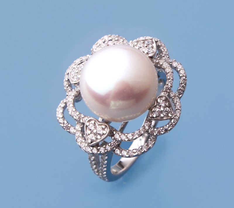 Sterling Silver Ring with 12-12.5mm Button Shape Freshwater Pearl and Cubic Zirconia - Wing Wo Hing Jewelry Group - Pearl Jewelry Manufacturer