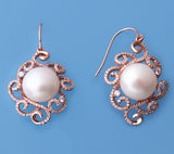 Rose Gold Plated Silver Earrings 12-12.5mm Button Shape Freshwater Pearl and Cubic Zirconia - Wing Wo Hing Jewelry Group - Pearl Jewelry Manufacturer