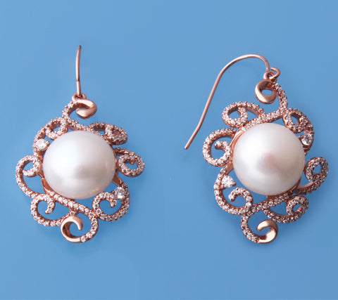 Rose Gold Plated Silver Earrings 12-12.5mm Button Shape Freshwater Pearl and Cubic Zirconia