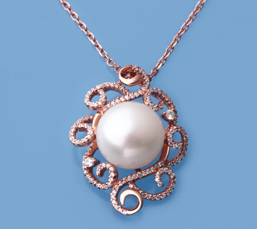 Rose Gold Plated Silver Pendant with 13-13.5mm Button Shape Freshwater Pearl and Cubic Zirconia - Wing Wo Hing Jewelry Group - Pearl Jewelry Manufacturer