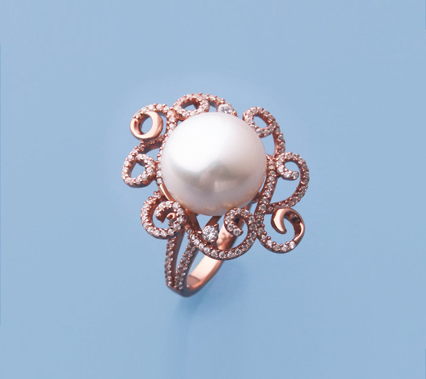 Rose Gold Plated Silver Ring with 13-13.5mm Button Shape Freshwater Pearl and Cubic Zirconia - Wing Wo Hing Jewelry Group - Pearl Jewelry Manufacturer