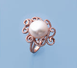 Rose Gold Plated Silver Ring with 13-13.5mm Button Shape Freshwater Pearl and Cubic Zirconia - Wing Wo Hing Jewelry Group - Pearl Jewelry Manufacturer