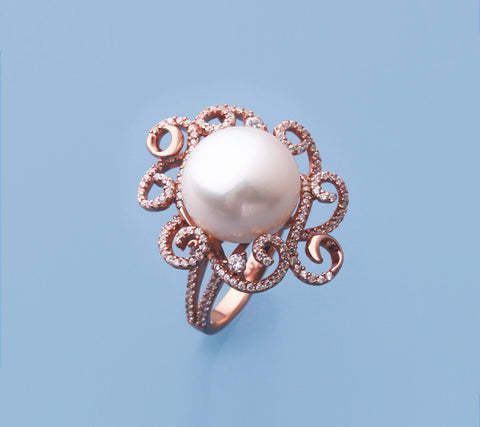 Rose Gold Plated Silver Ring with 13-13.5mm Button Shape Freshwater Pearl and Cubic Zirconia