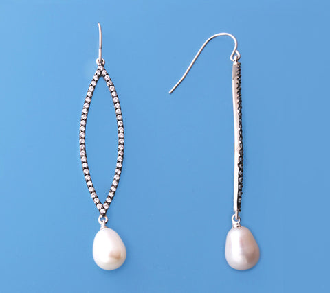 Sterling Silver Earrings with 8-8.5mm Drop Shape Freshwater Pearl and Cubic Zirconia