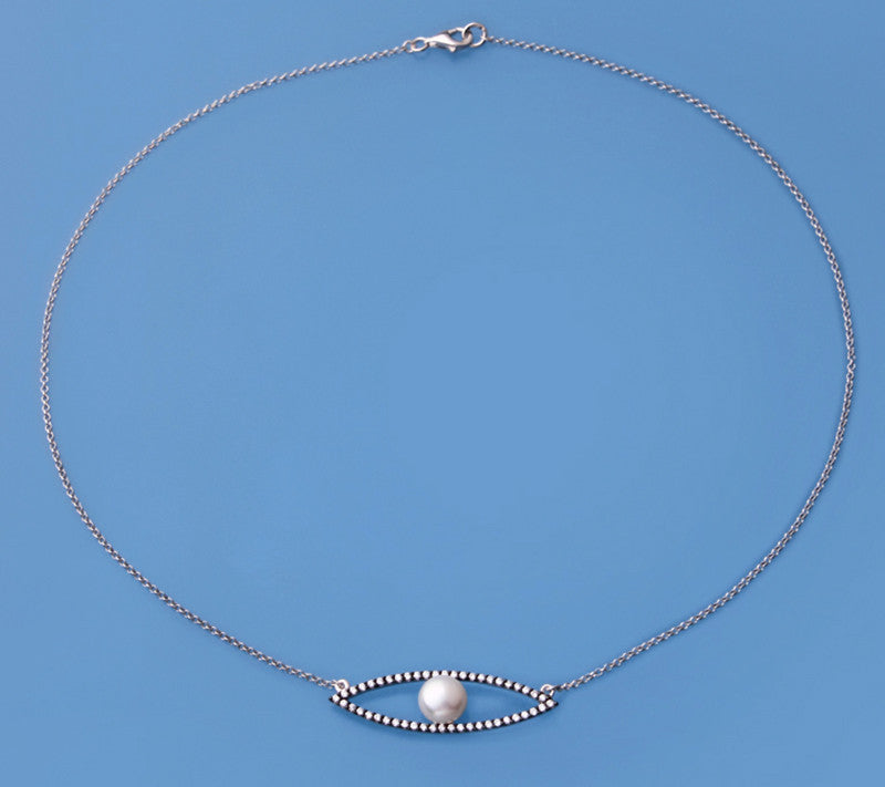 Sterling Silver Pendant with 8-8.5mm Button Shape Freshwater Pearl and Cubic Zirconia - Wing Wo Hing Jewelry Group - Pearl Jewelry Manufacturer
