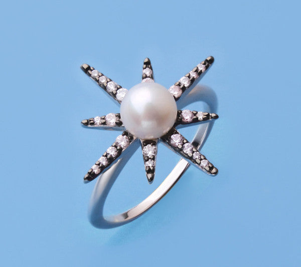 Sterling Silver Ring with 6-6.5mm Button Shape Freshwater Pearl and Cubic Zirconia - Wing Wo Hing Jewelry Group - Pearl Jewelry Manufacturer - 2