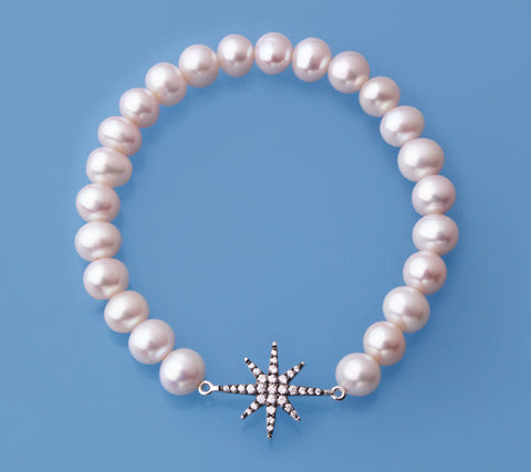 Sterling Silver Bracelet with 7-7.5mm Potato Shape Freshwater Pearl and Cubic Zirconia
