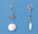 Sterling Silver Earrings with 14-15mm Coin Shape Freshwater Pearl and Cubic Zirconia - Wing Wo Hing Jewelry Group - Pearl Jewelry Manufacturer