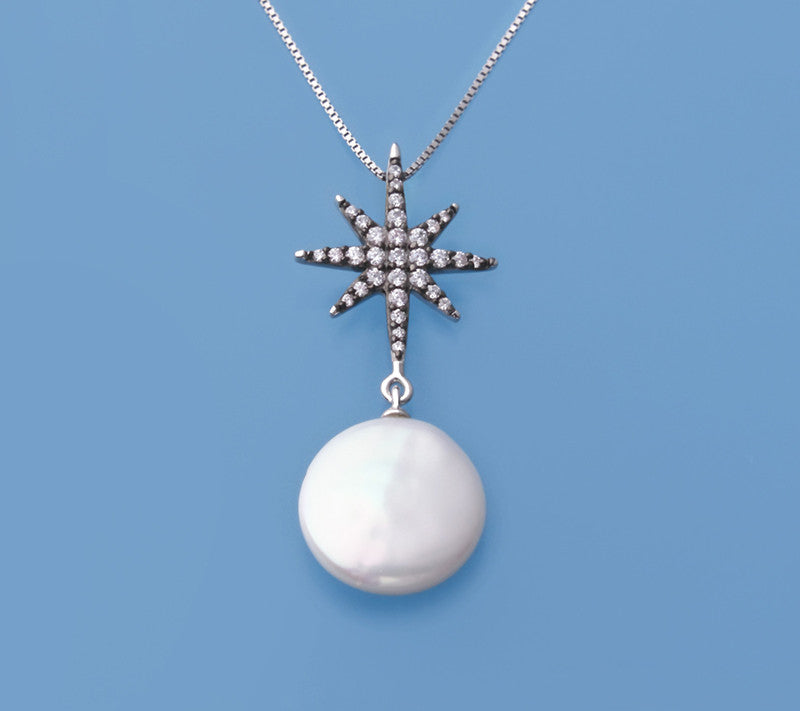 Sterling Silver with 14-15mm Coin Shape Freshwater Pearl and Cubic Zirconia Pendant - Wing Wo Hing Jewelry Group - Pearl Jewelry Manufacturer