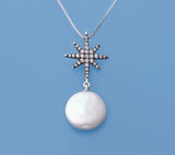 Sterling Silver with 14-15mm Coin Shape Freshwater Pearl and Cubic Zirconia Pendant - Wing Wo Hing Jewelry Group - Pearl Jewelry Manufacturer