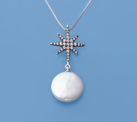 Sterling Silver with 14-15mm Coin Shape Freshwater Pearl and Cubic Zirconia Pendant