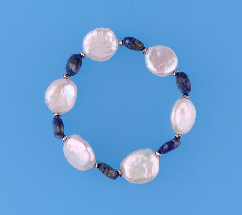 15-16mm Coin Shape Freshwater Pearl Bracelet with Lapis Lazuli and Hematite - Wing Wo Hing Jewelry Group - Pearl Jewelry Manufacturer
