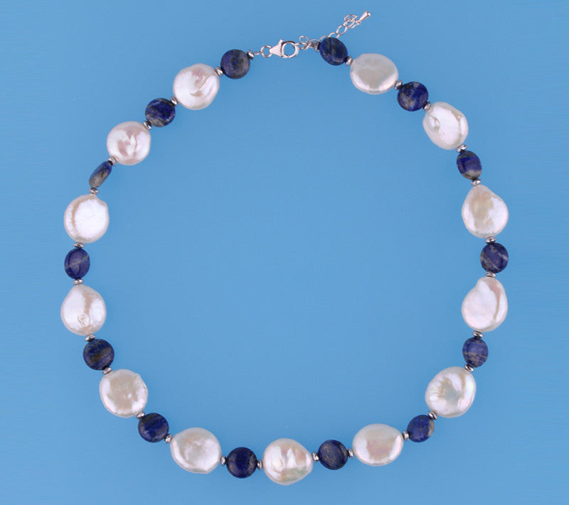 Sterling Silver Necklace with 15-16mm Coin Shape Freshwater Pearl, Lapis Lazuli and Hematite - Wing Wo Hing Jewelry Group - Pearl Jewelry Manufacturer