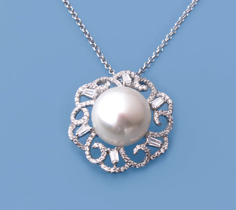Sterling Silver Pendant with 12.5-13mm Button Shape Freshwater Pearl and Cubic Zirconia